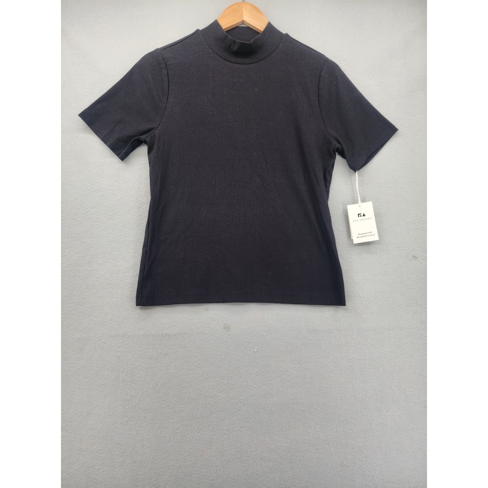 Free Assembly‎ Womens Ribbed Mock Neck Short Sleeve Top Black Large New